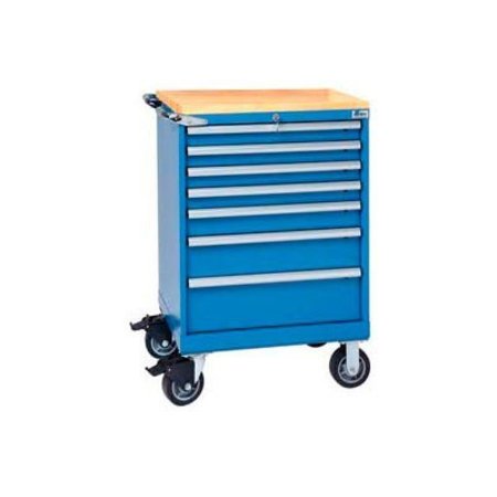 LISTA INTERNATIONAL ListaÂ 7 Drawer 24"W Shallow Depth Mobile Cabinet w/Butcher Block Top-Bright Blue, Keyed Alike XSST0750-0701M-BTBBKA